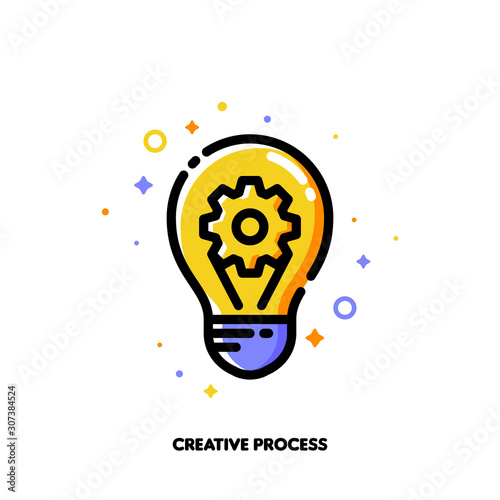 Icon of gear and light bulb as innovative idea symbol for creative business process concept. Flat filled outline style. Pixel perfect 64x64. Editable stroke