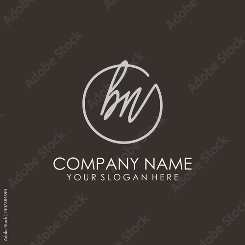 BN initials signature logo. Handwritten vector logo template connected to a circle. Hand drawn Calligraphy lettering Vector illustration.