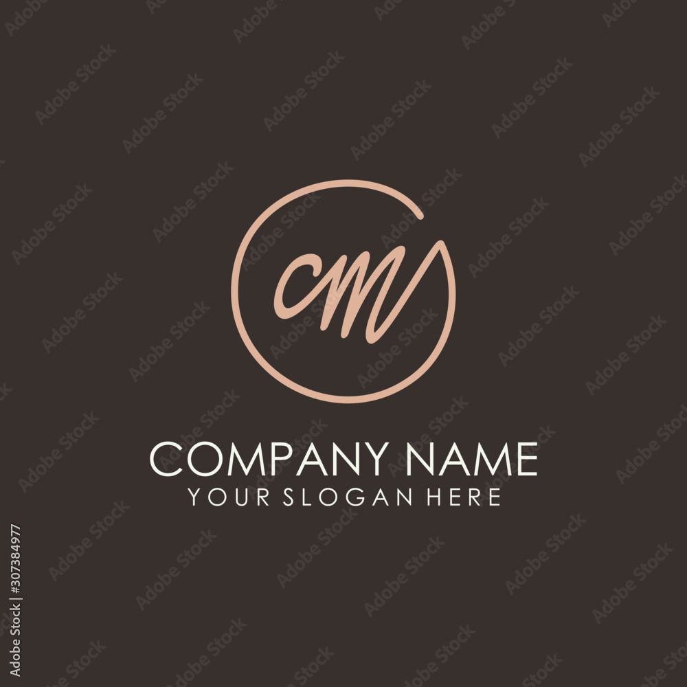 CM initials signature logo. Handwritten vector logo template connected to a circle. Hand drawn Calligraphy lettering Vector illustration.