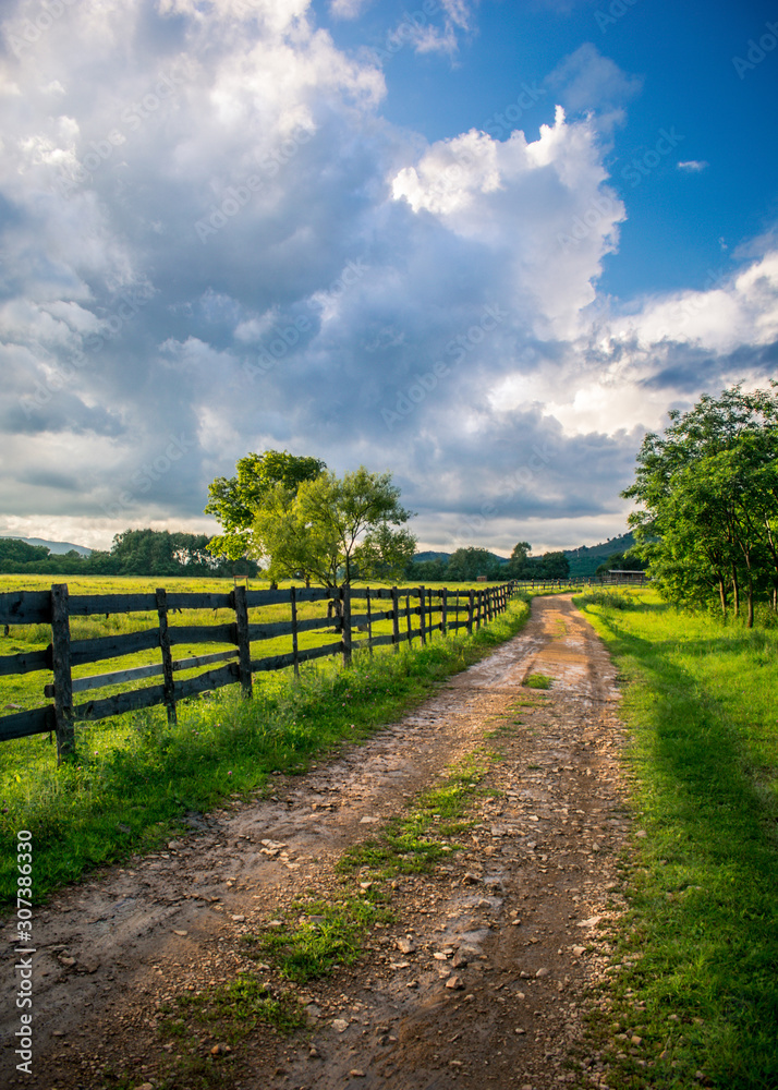 Road with a wooden fence to a green farm in the light of the rays of the sun