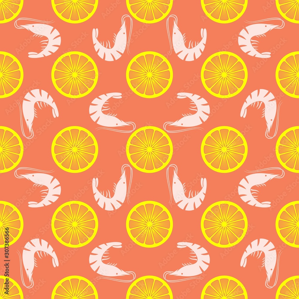Seamless pattern with Shrimp and lemon slices. Vector illustration