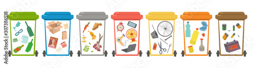 Waste sorting, Sorting waste for recycling, garbage sorting, recycling bins. Different types of garbage: paper, plastics, scrap metal, glass, organic, e-waste. Modern flat vector illustration.