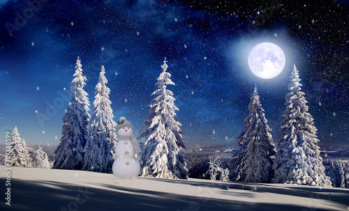 Fabulous Christmas landscape. Coniferous forest, snowman and full moon