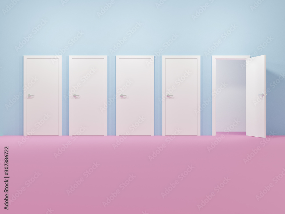 Room with closed doors with the exception of one door open - 3d illustration Room with closed doors with the exception of one door open - 3d illustration