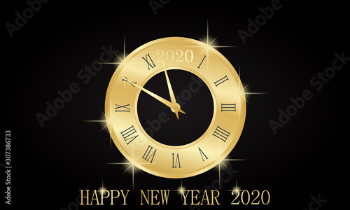 HAPPY NEW YEAR 2020 CLOCK golden With roman dial Countdown to 2020. Happy NEW YEAR Merry Christmas greeting card on black background. vector illustration