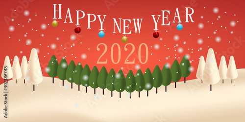 Happy New Year 2020 christmas snow scene on red background with snow and trees landscape