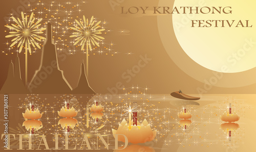 Thailand Loy Krathong Festival in full moon at night With firework light and boat on water wave, Krathong golden Vector design and wat arun temple background