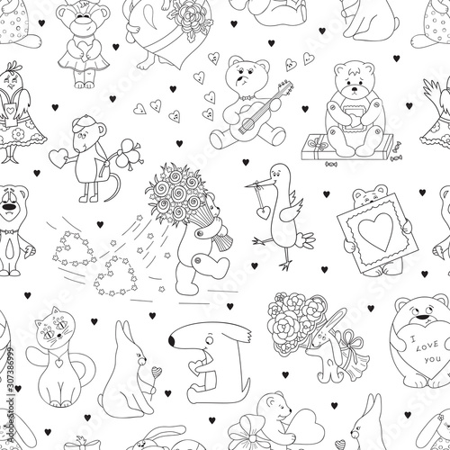 Fototapeta Naklejka Na Ścianę i Meble -  Valentine's day Vector Seamless pattern for kids. Valentine Background with Cute Cartoon Animals with Hearts and Flowers. Funny Teddy Bears, Rabbits, Birds, Cat, Dog and Mouse. Coloring Page