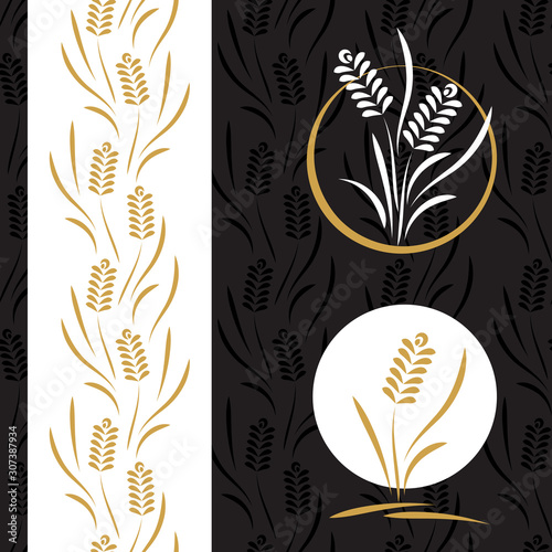 Vector set of wheat ears. Seamless background, seamless vertical border and two logo icons