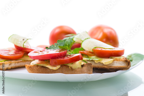 tasty sandwich with curd paste  fresh cucumbers and tomatoes