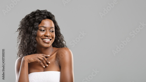 Beauty portrait of afro girl with white smile and flawless skin