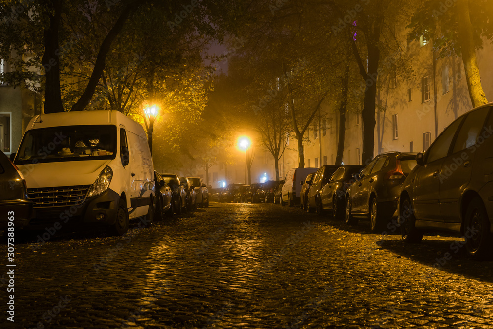 Obraz premium Misty cobble stone road at night, foggy road at night, Wet and foggy road, cobble stone road,