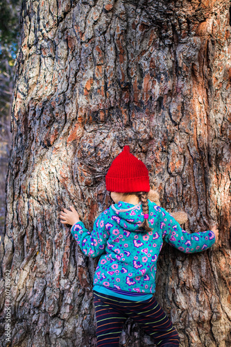 Schilderij op canvas Little young girl in red hat hugs old-growth giant relic tree in forest