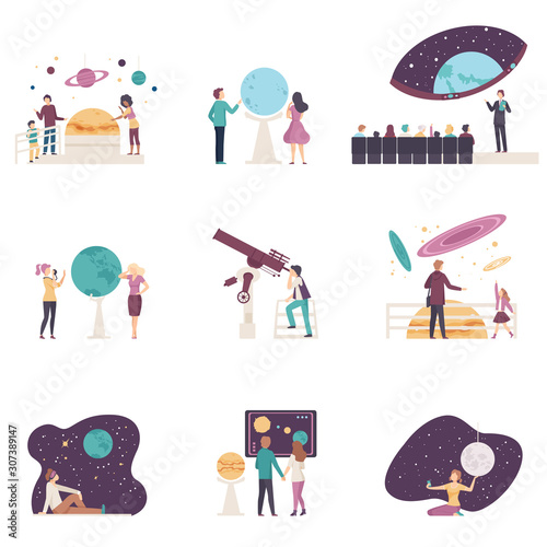 People Characters Visiting Planetarium Vector Illustrations Set