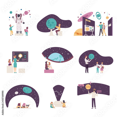 People Characters Visiting Planetarium Vector Illustrations Set