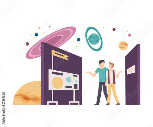 Young Guys Walking Along Stands in Planetarium and Learning Galaxy Vector Illustration