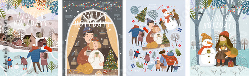 Winter holidays! Merry Christmas and happy new year! Vector cute illustrations of a family on nature, at home and in the city, fairy-tale characters in the forest and a set of isolated objects. Drawin