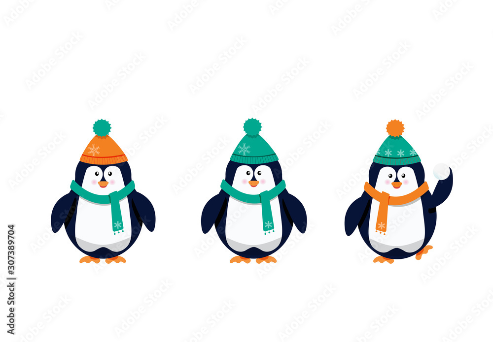 Fototapeta premium Three vector cartoon penguins in winter warm clothes.