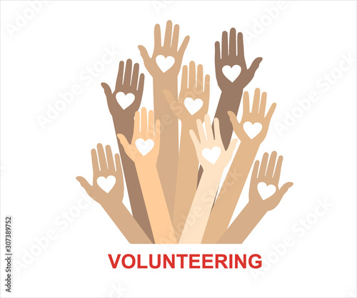 Hands with hearts. Raised hands volunteering vector concept