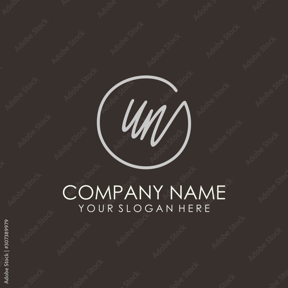 Obraz premium UN initials signature logo. Handwritten vector logo template connected to a circle. Hand drawn Calligraphy lettering Vector illustration.