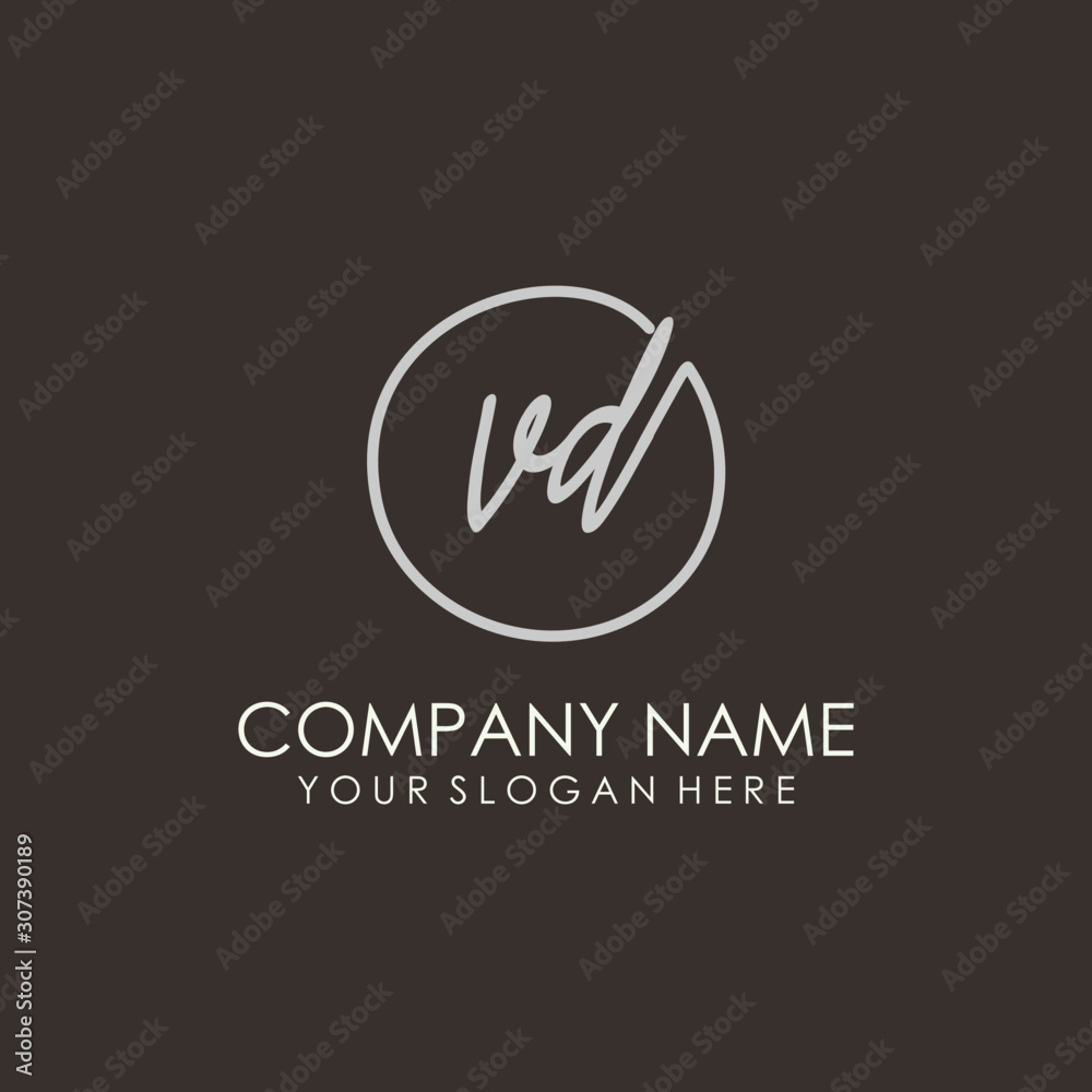 VD initials signature logo. Handwritten vector logo template connected to a circle. Hand drawn Calligraphy lettering Vector illustration.