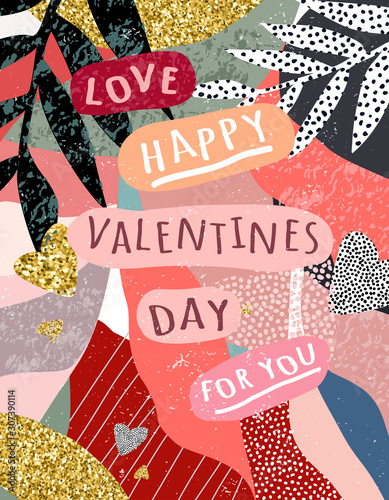 Happy Valentine's Day! Vector abstract illustration of a frame with hearts and texture for background, card or poster. Fashionable and modern print for the holiday of February 14