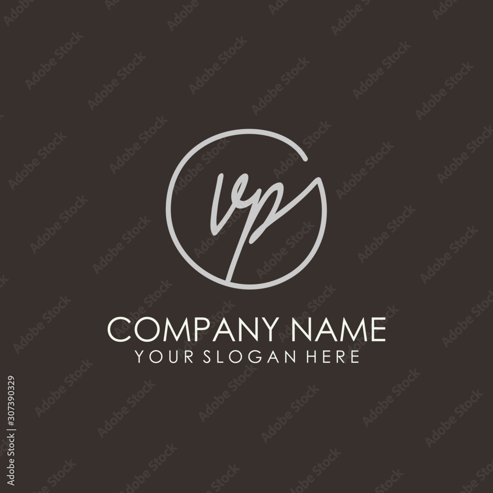 VP initials signature logo. Handwritten vector logo template connected to a circle. Hand drawn Calligraphy lettering Vector illustration.