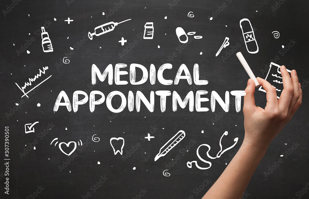 Hand drawing MEDICAL APPOINTMENT inscription with white chalk on blackboard, medical concept Hand drawing MEDICAL APPOINTMENT inscription with white chalk on blackboard, medical concept