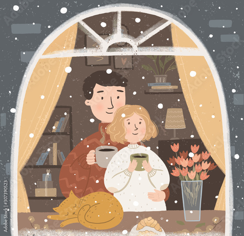 Vector cute illustration of a happy family or couple in love drinking hot coffee or tea near the window with a pet. Winter card for new year, christmas or valentines day