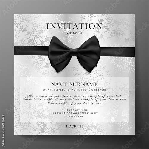 Invitation black tie (Gift certificate or Voucher) template with luxurious black bow, ribbon on black textured background. Premium class blank design for holiday Gift card 