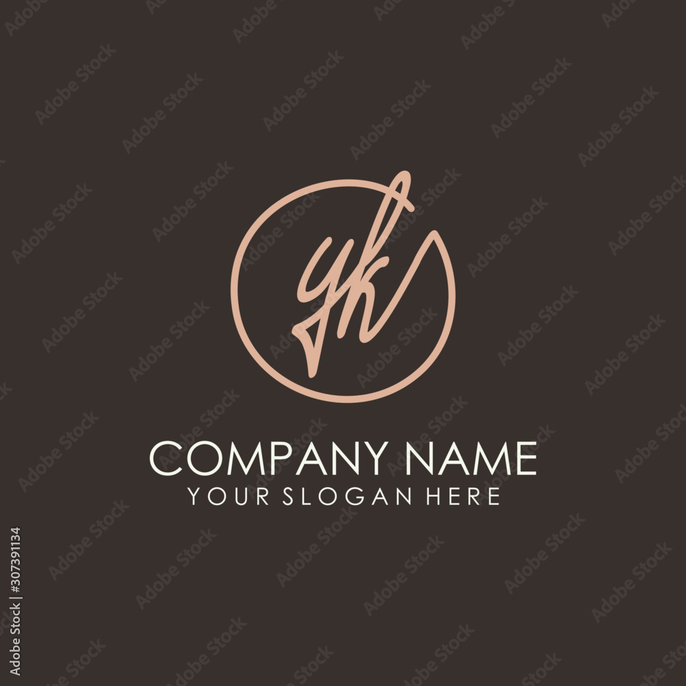 YK initials signature logo. Handwritten vector logo template connected to a circle. Hand drawn Calligraphy lettering Vector illustration.