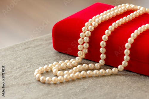 Beautiful natural pearl necklace laid on red velvet jewelry box.