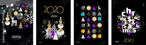 Merry Christmas and a happy new year 2020! Modern abstract geometrical illustration of a Christmas tree, snowflake and toys for the holiday poster, banner, card, background or pattern