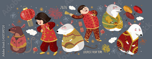 Happy chinese new year! 2020 is the year of the rat. Vector cute illustration of asian mice, korean people, lantern and firework  for the holiday. Isolated objects for card, background or poster.