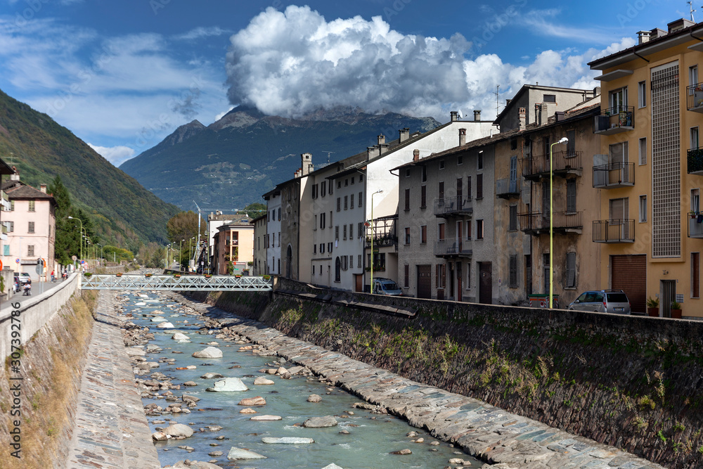 Adda river in Tirano city, Italy.