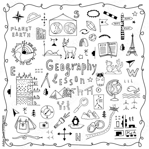 Travel and tourism symbols, set of icons on a white background. Map, backpack, tickets, countries, animals, buildings, cities, signpost. Hand drawn vector doodle, design background, banner.