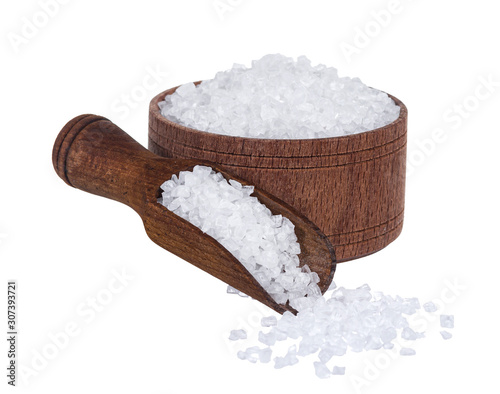 Tableau sur toile Sea salt in wooden bowl with scoop isolated on white background