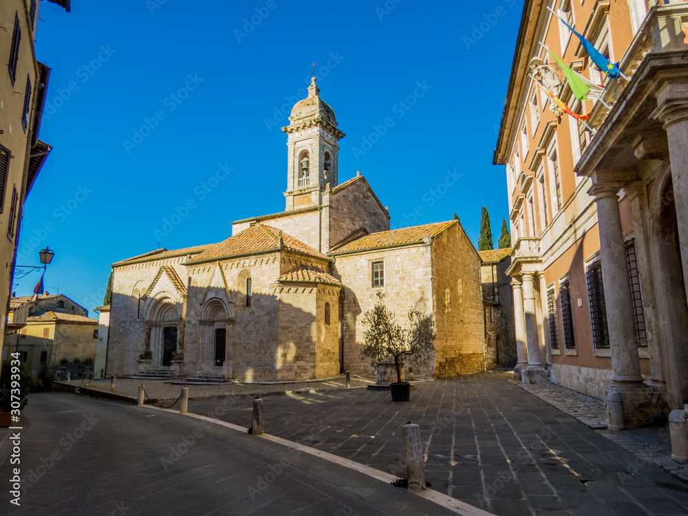 The Collegiate church of St. Quiricus and Julietta (Italian: Collegiata dei Santi Quirico e Giulitta) in San Quirico d'Orcia, province of Siena, Val d'Orcia, Tuscany, Italy