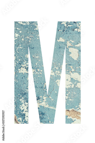 Letter M on textured background of blue color in rural style