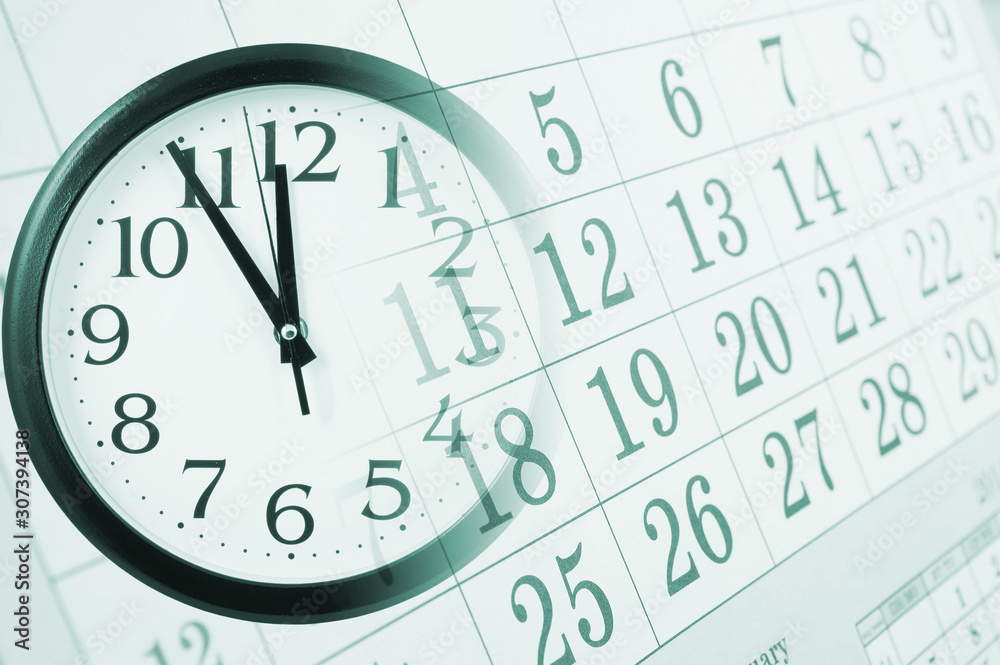 Collage with clock and calendar page, time concept Collage with clock and calendar page, time concept
