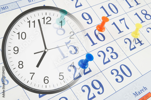 Wallpaper Mural Clock and calendar with push pins, time and appointment concept  Torontodigital.ca