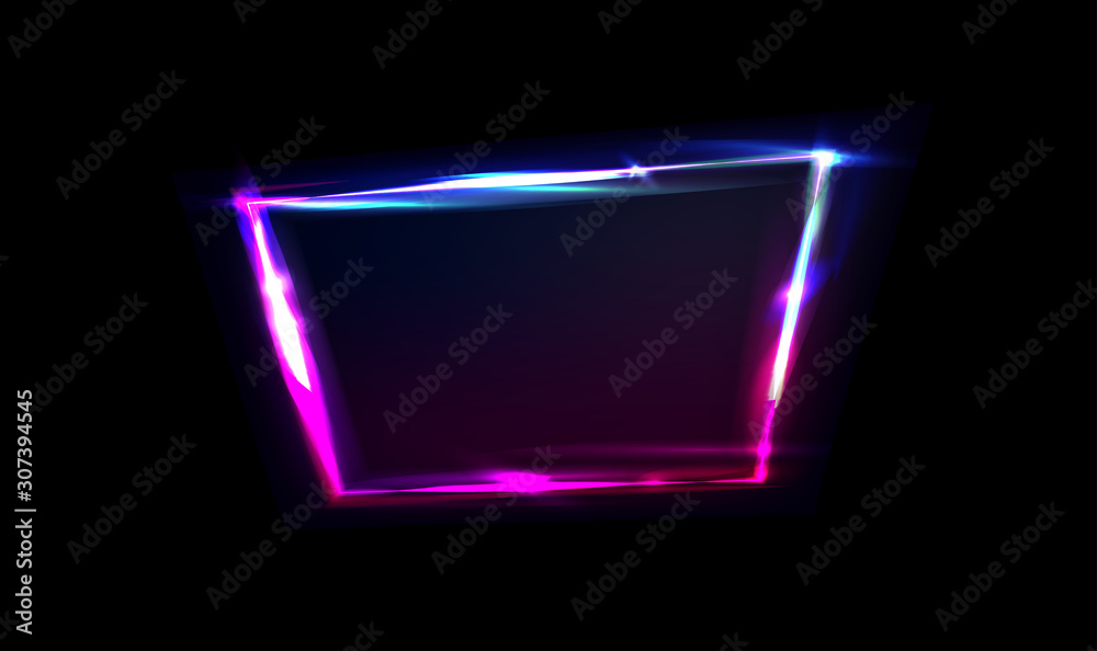 Neon frame with glow, sign and light background. Night club signboard with empty space for logo or text. Vector illustration, poster, banner for night party. Glitch and neon light effect, glare. Neon frame with glow, sign and light background. Night club signboard with empty space for logo or text. Vector illustration, poster, banner for night party. Glitch and neon light effect, glare.