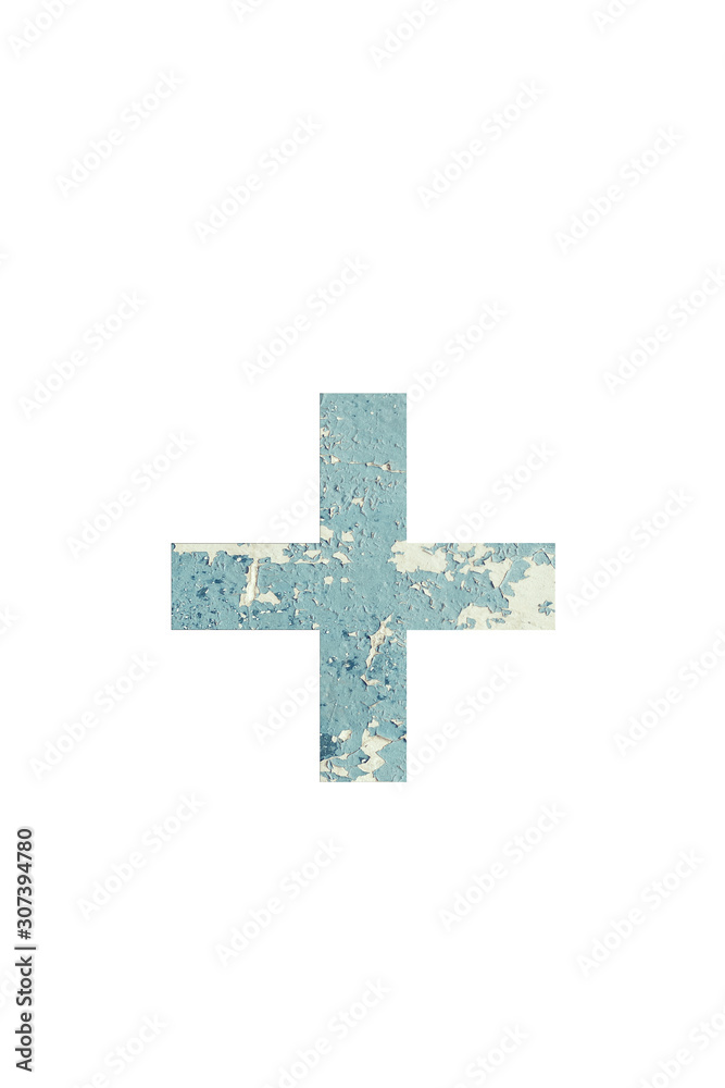 Plus symbol on textured background of blue color in rural style