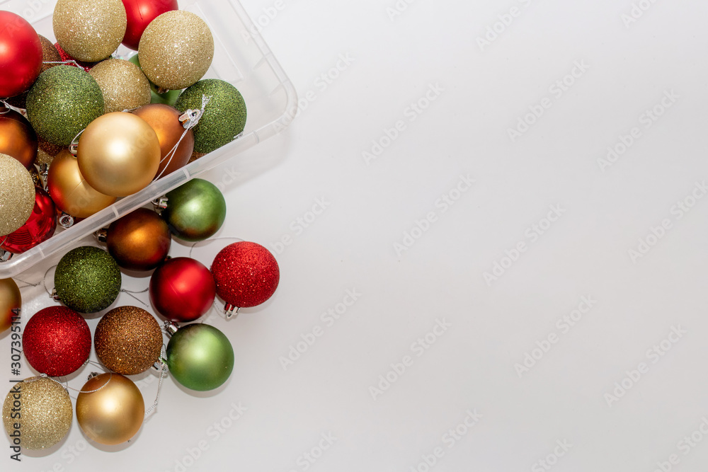 Christmas balls in a plastic transparent boxes ready to decorate a Christmas tree Christmas balls in a plastic transparent boxes ready to decorate a Christmas tree