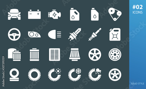 Car parts solid icons set. Set of filters, tires, car lights, motor oil, engine, timing belt, headlamp, headlight, air cabin filter, alloy wheels, steel wheel glyph vector icons