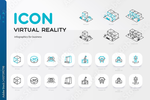 Virtual reality icon set in thin line style. Virtual Reality gaming Icons. Included the icons as VR, game, simulator, futuristic, screen, view and more.Vector illustration. 