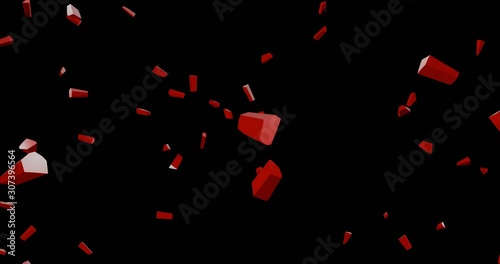3d animation. On a black background, a red heart breaks into many small pieces and scatters to the sides.