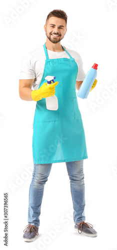 Male janitor on white backg...