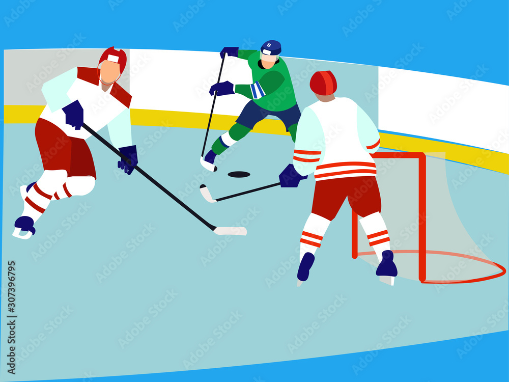 Obraz premium Sports match, men play hockey. In minimalist style Cartoon flat raster