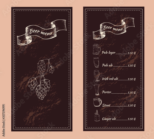 Template design for beer  restaurant, bar or pub  menu. Hand drawn vintage style, on brown background. Price list for different types of beer